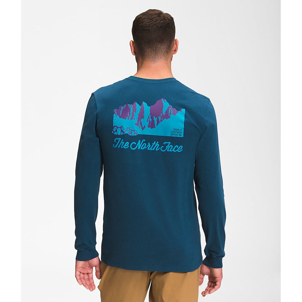 The North Face Long Sleeve Mens Australia - The North Face Mountain Scene Long Sleeve Blue Mountain